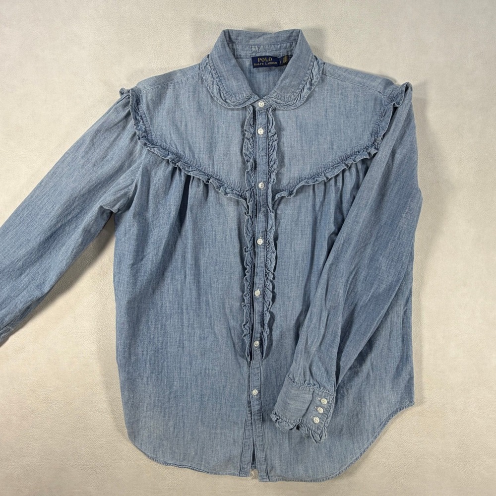 Polo Ralph Lauren Womens Large Blue Chambray Ruffle Collar Shirt Blouse Top